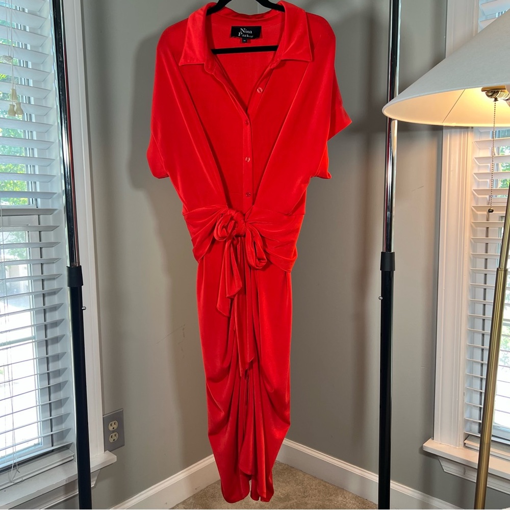 Nina Parker Orange Button-Up Ruched Tie Front Dress Plus Sz 3X Jersey-like Fabri